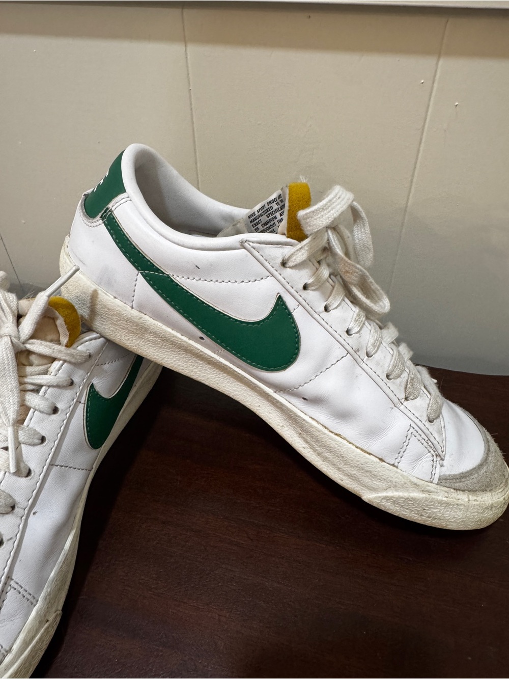 Nike White Leather Sneakers with Green Swoosh